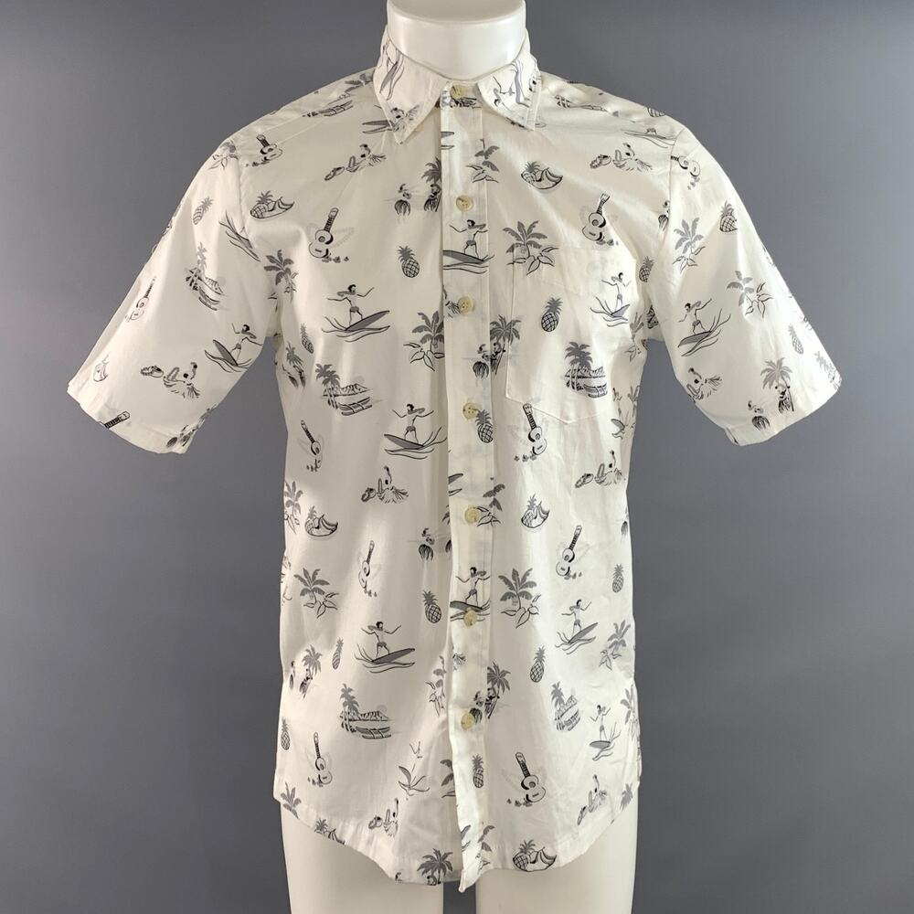 AVANTI Size S White Grey & Black Graphic Cotton Button Down Short Sleeve Shirt